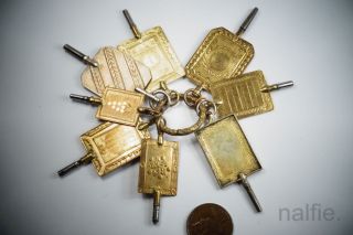 8 X Antique 19th Century Silver & Gilt Metal Watch Keys On Split Ring