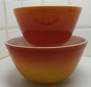 2 Vintage Pyrex Flameglo 402 & 401 Red Orange Nesting Mixing Bowls