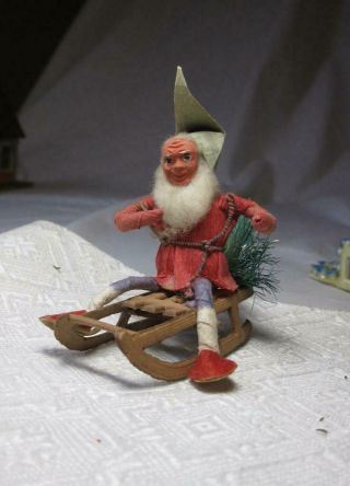 Sledding Elf Antique German Cotton Christmas Ornament Putz Vintage Gnome Tomte