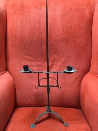 Primitive Hand Forged Colonial Iron Three Penny Foot 18th Century Candle Stand.