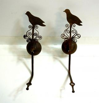 Pair Early Pa Folk Art Bird Betty Lamp Lantern Candle Spike Antique Wrought Iron