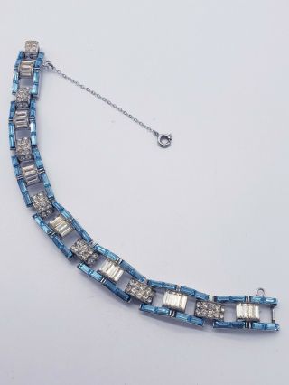 Vintage Art Deco Blue & Clear Baguette Rhinestones Link Bracelet Safety Chain