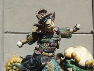 Antique Chinese 19th/20th C Warrior Riding Foo Dog Lion Roof Tile 2
