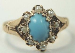 Antique Victorian Persian Turquoise Pearl 14k Yellow Gold Ring Size 7 Uk - N1/2