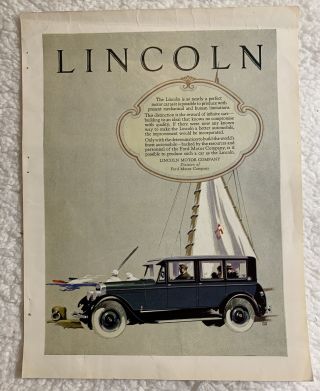 Vintage 1920s Lincoln Motor Company Print Ad 1926 Ford Wall Art Decor Sailboat