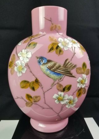 Antique Harrach Pink Encased Glass Vase Enamel Decoration With Bird