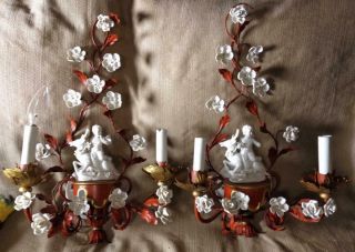 Set Vintage Italian Tole Painted Porcelain Flowers Floral Wall Sconces 2