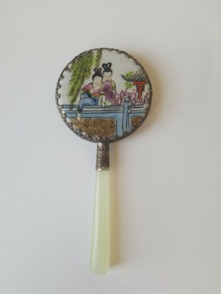 Vintage Japanese Hand Mirror With Jade Handle Hand Painted Porcelain Top
