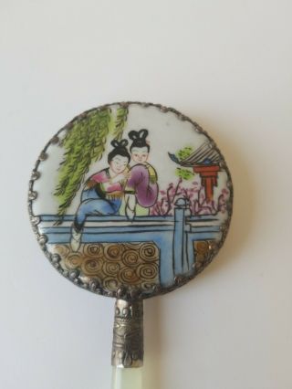 Vintage JAPANESE HAND MIRROR with JADE HANDLE Hand Painted Porcelain Top 2