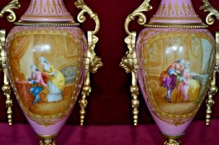 Antique Sevres Hand painted Porcelain & Gilt Metal Twin Handled Clock Garnitures 3