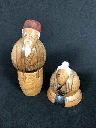 Vintage Wood Hand Painted & Carved Asian Japanese Man And Woman Figures 20b