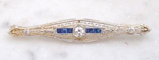 Antique Art Deco 14k Gold Diamond And Sapphire Filigree Bar Pin Brooch 4 Grams