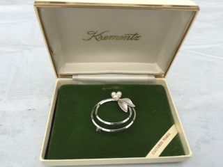 Vintage Krementz 14 K Gold Overlay Cultured Pearls Brooch Pin W Leaf Orig Box