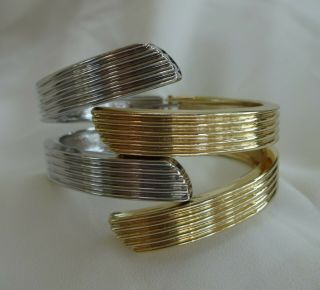 Vintage Estate Gold And Silver Tone Metal Swirl Hinged Cuff Bracelet Jewelry