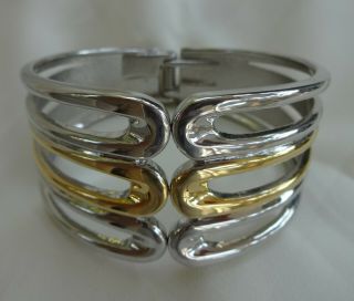 Vintage Estate Gold And Silver Tone Metal Hinged Cuff Bracelet Jewelry