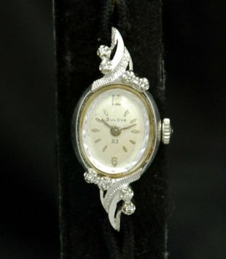 Bulova Solid 14k White Gold Diamond Ladies Watch Windup 23 Jewels 5at Vtg Runs