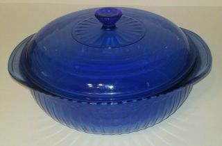 Vintage Colbalt Blue Ribbed Pyrex 2qt Glass Casserole Dish W/lid 024 - S Euc