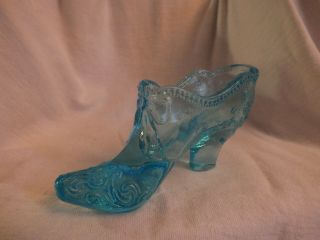 Vintage Fenton Art Glass Light Blue Pearls And Bow Pattern Slipper Shoe