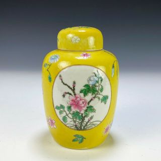 Old Chinese Porcelain Covered Jar With Flowers On Yellow Ground