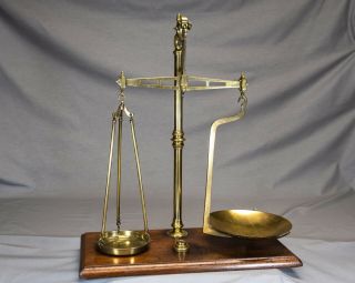 Antique Brass Balance Beam Scale With Weights On Walnut Base (circa 1907)