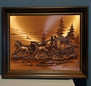 Vintage Signed John Louw Copper 3d Art Stage Coach Wall Art Wood Framed Picture