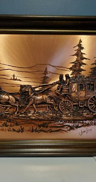 Vintage Signed JOHN LOUW Copper 3D Art Stage Coach Wall Art Wood Framed Picture 3