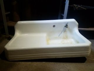 Vintage Cast Iron Single Basin Left Sided Drainboard Farmhouse Kitchen Sink