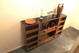 Mid Century Danish Modern Metamorphic Randers Teak Dry Bar Cabinet Rolling 60 