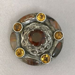 Antique Victorian Scottish Sterling Silver Agate Citrine Brooch Pin