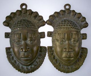 Vintage African Bronze Face Mask Sculpture Pair Set