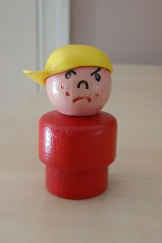 Htf Vintage Fisher Price Little People All Wood Red Mad Boy/bully Yellow Cap