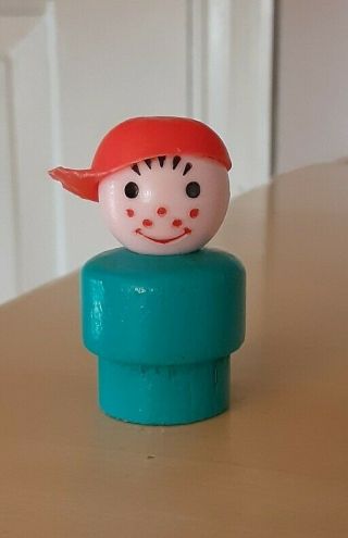Vintage Fisher Price Little People Wood Turquoise Boy Red Cap 705/111/121