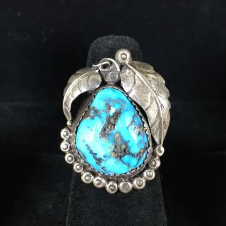 Vintage Sterling Silver Old Pawn Ring Large Turquoise Feather Tribal Sz 6 Tone