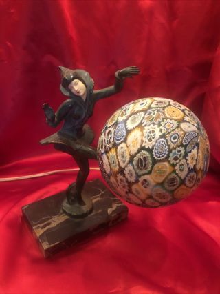 Antique Art Deco Pixie Dancer Statue Lamp Millefiori Globe Shade