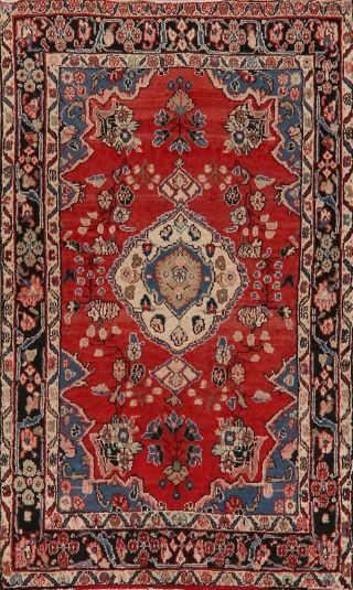 Vintage Traditional Hamedan Floral Area Rug Hand - Knotted Oriental Carpet 4x7 Red