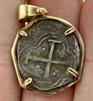 Pirate Coin Treasure Silver Piece Antique 1 Reale Cob 14k Gold Pendant Authentic