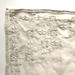 Vtg Hand Embroidered Crochet Table Runner Dresser Cloth Cutwork 33x15.  5 Greige