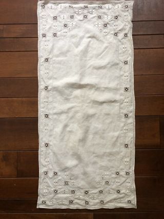 Vtg Hand Embroidered Crochet Table Runner Dresser Cloth Cutwork 33x15.  5 Greige 3