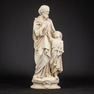 St Joseph With Child Jesus Statue | Rare Antique Pipe Clay Christ Figure | 17 "
