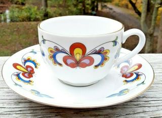 Vintage Porsgrund Mid Century Mcm Porcelain Cup Saucer Set Flowers Farmers Rose