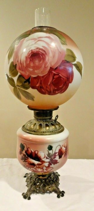 Victorian Parlor Gwtw Gone With The Wind Banquet Lamp Puffed Roses - Electrified