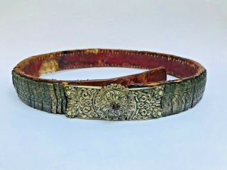 Old Antique 18c Turkish Ottoman Empire Greek Silver Leather And Wood Belt