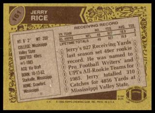1986 Topps Jerry Rice RC Rookie NICECARD 49ers 161 Noles2148 Cs 10=Free Sh 2