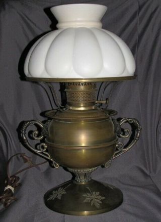Antique Bradley & Hubbard Arts & Crafts Oil Lamp W/ Leaf Motif (converted)