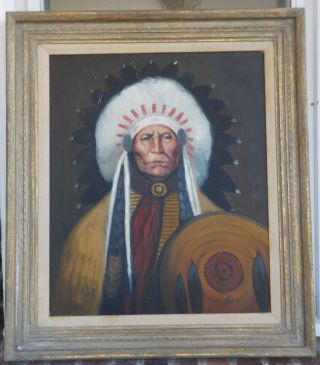 Vintage Retro Western Native American Indian Chief Oil Painting Framed C1980s