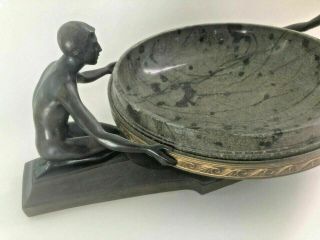 Antique Art Deco Bronze Sculpture Nude Man & Woman Holding A Stone Vessel Bowl 3