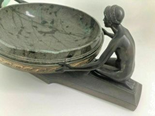 Antique Art Deco Bronze Sculpture Nude Man & Woman Holding A Stone Vessel Bowl 4