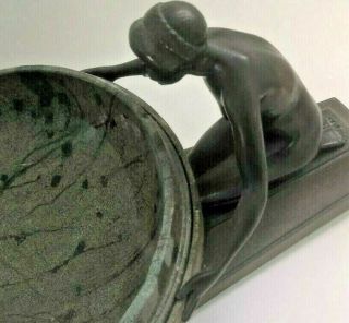 Antique Art Deco Bronze Sculpture Nude Man & Woman Holding A Stone Vessel Bowl 6