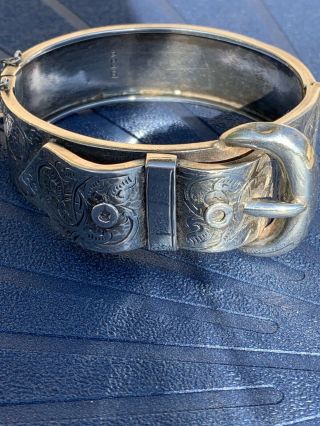 Antique Victorian Heavy Ornate English Sterling Silver Buckle Bangle.