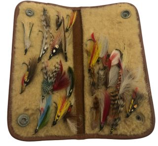 Vintage Brown Leather Fly Fishing Wallet With 27 Flies
